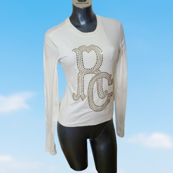 Roberto Cavalli Tops - ROBERTO CAVALLI LOGO STUDDED LONG SLEEVE COTTON SHIRT / TOP - Size: 42